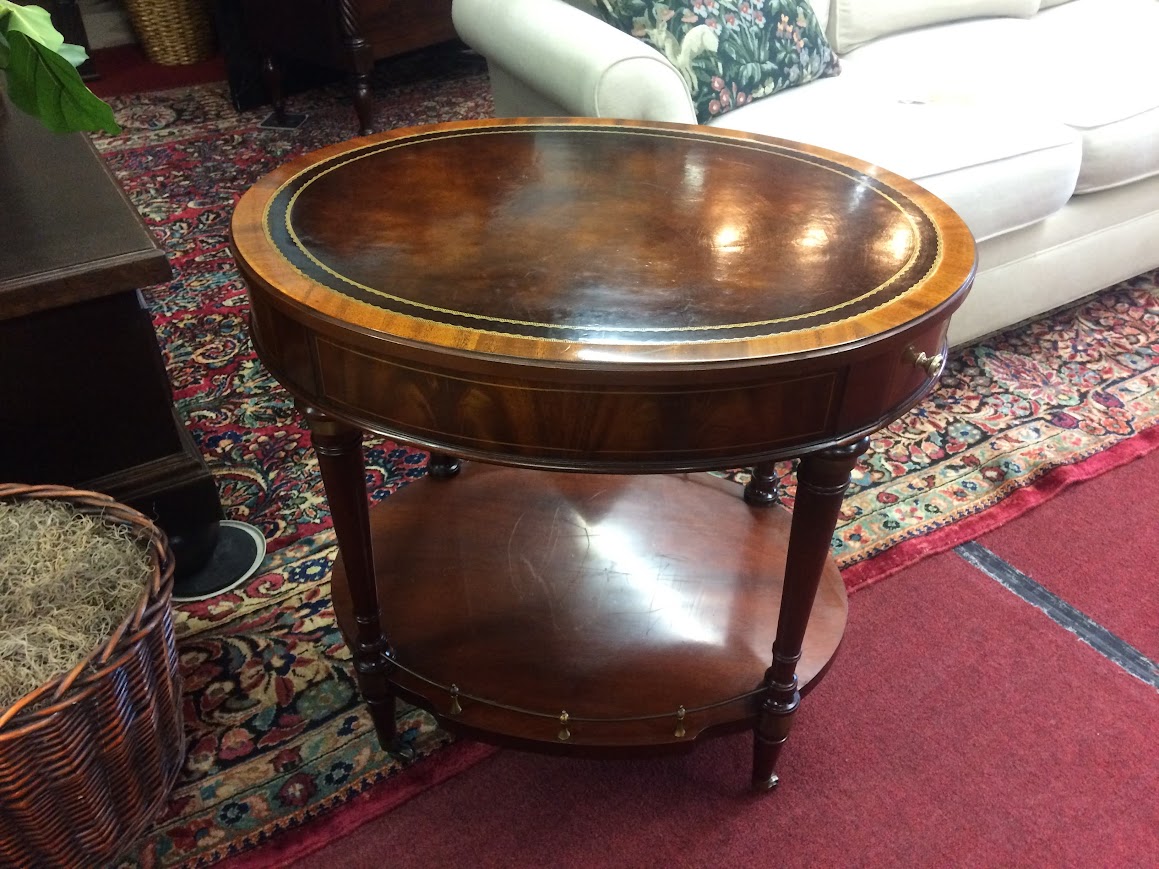 Vintage Leather Top Accent Table, Oval Drum Table, Weiman Furniture - Image 3