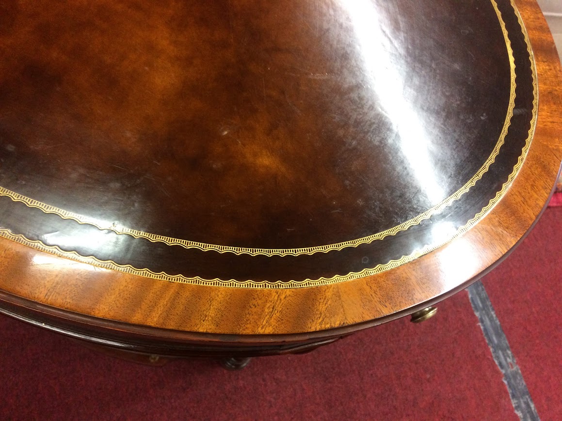 Vintage Leather Top Accent Table, Oval Drum Table, Weiman Furniture - Image 4