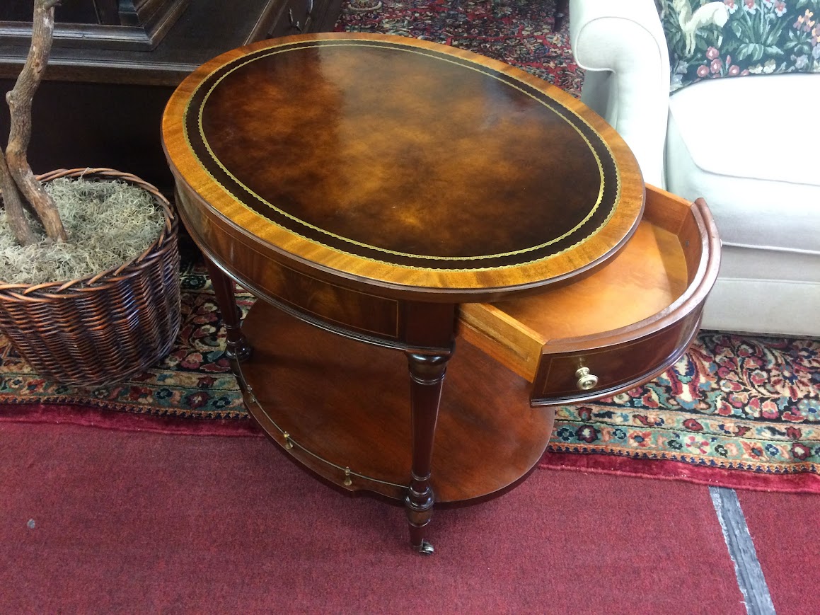 Vintage Leather Top Accent Table, Oval Drum Table, Weiman Furniture - Image 5