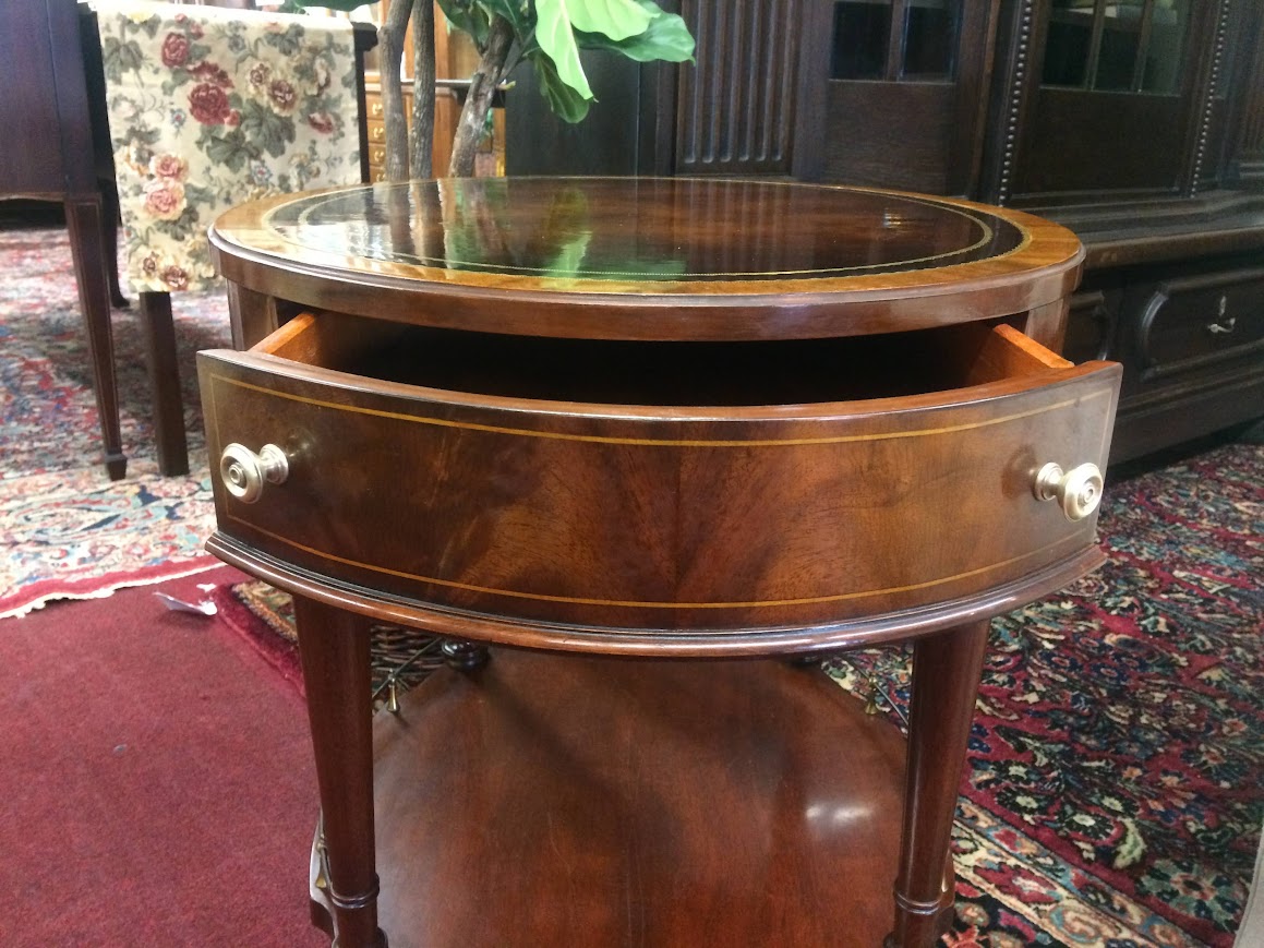 Vintage Leather Top Accent Table, Oval Drum Table, Weiman Furniture - Image 8