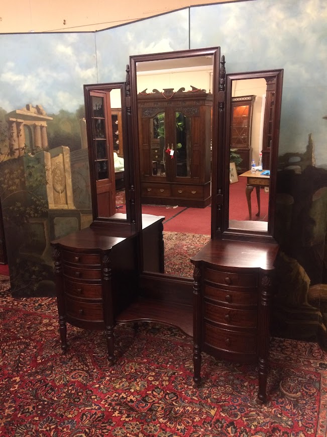 Antique Vanity with Triple Mirrors, Antique Mahogany Vanity - Image 2