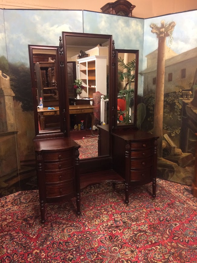 Antique Vanity with Triple Mirrors, Antique Mahogany Vanity - Image 3