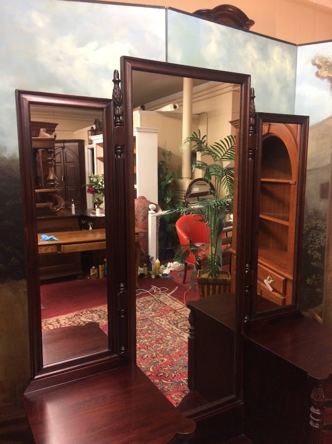 Antique Vanity with Triple Mirrors, Antique Mahogany Vanity - Image 6