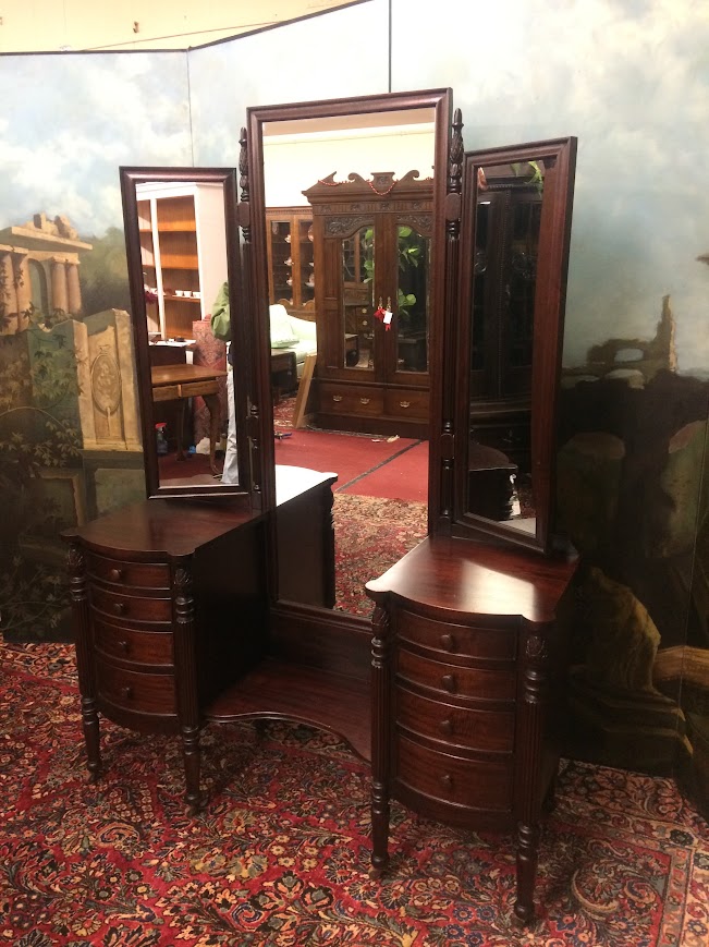 Antique Vanity with Triple Mirrors, Antique Mahogany Vanity - Image 8