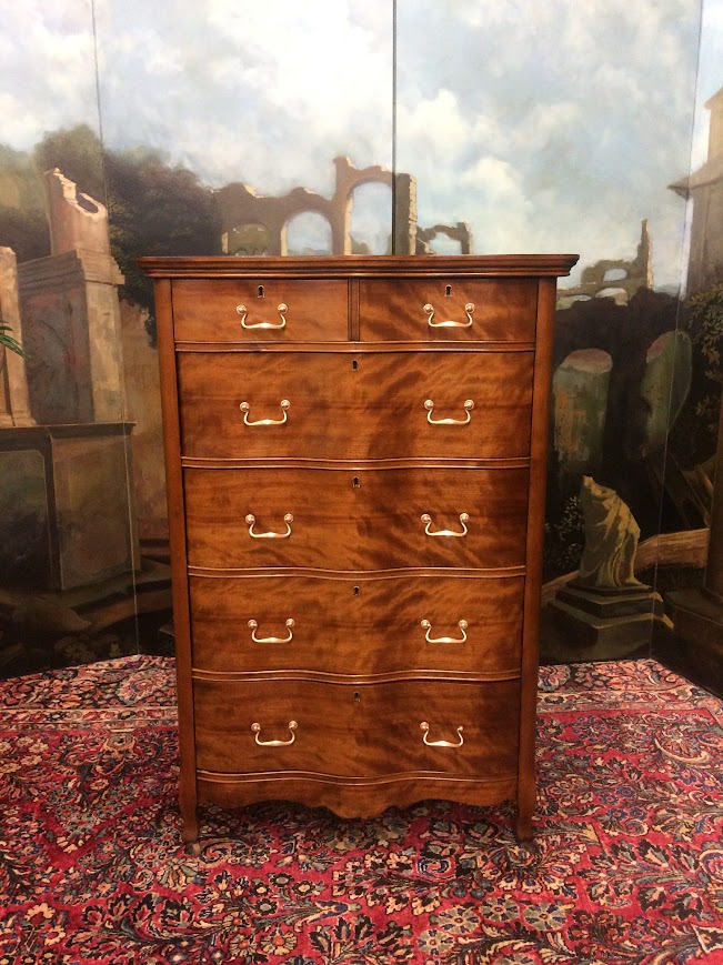 Antique Serpentine Chest, Satinwood Tall Dresser - Image 3