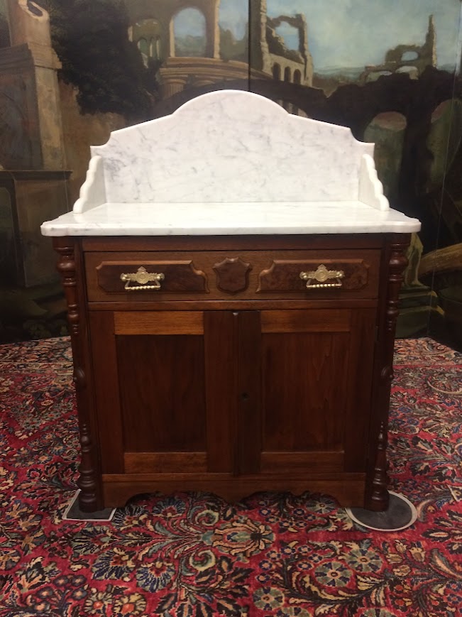 Antique Washstand with Marble Top and Curved Backsplash - Image 2
