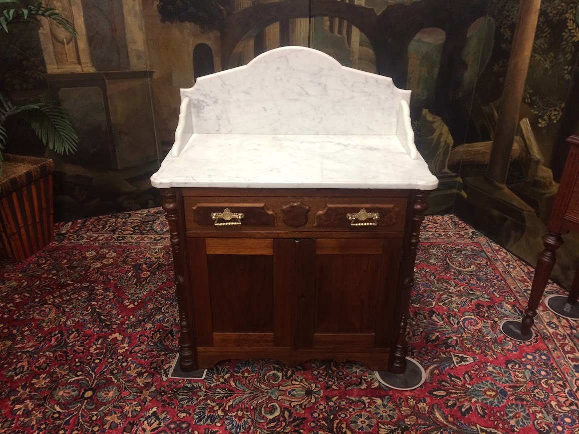 Antique Washstand with Marble Top and Curved Backsplash - Image 3