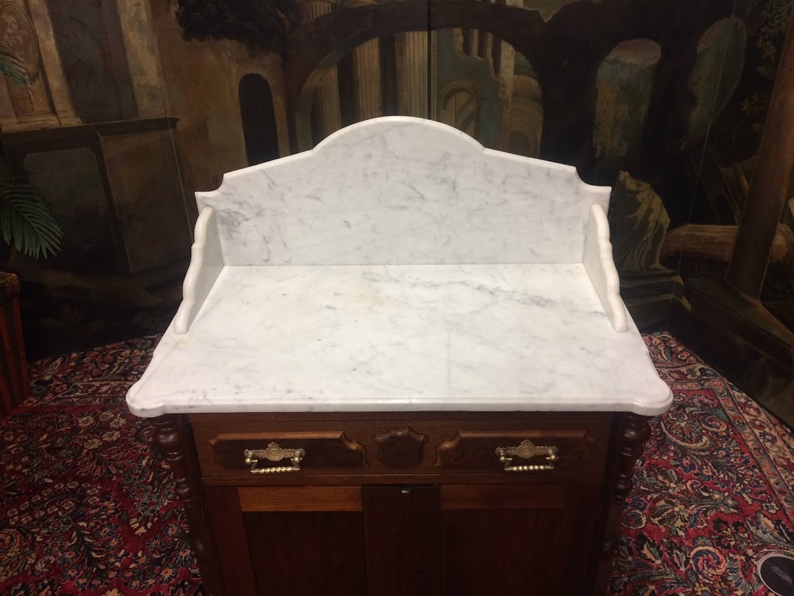 Antique Washstand with Marble Top and Curved Backsplash - Image 4