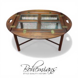 Vintage Cherry Butler's Table, Glass Top Coffee Table