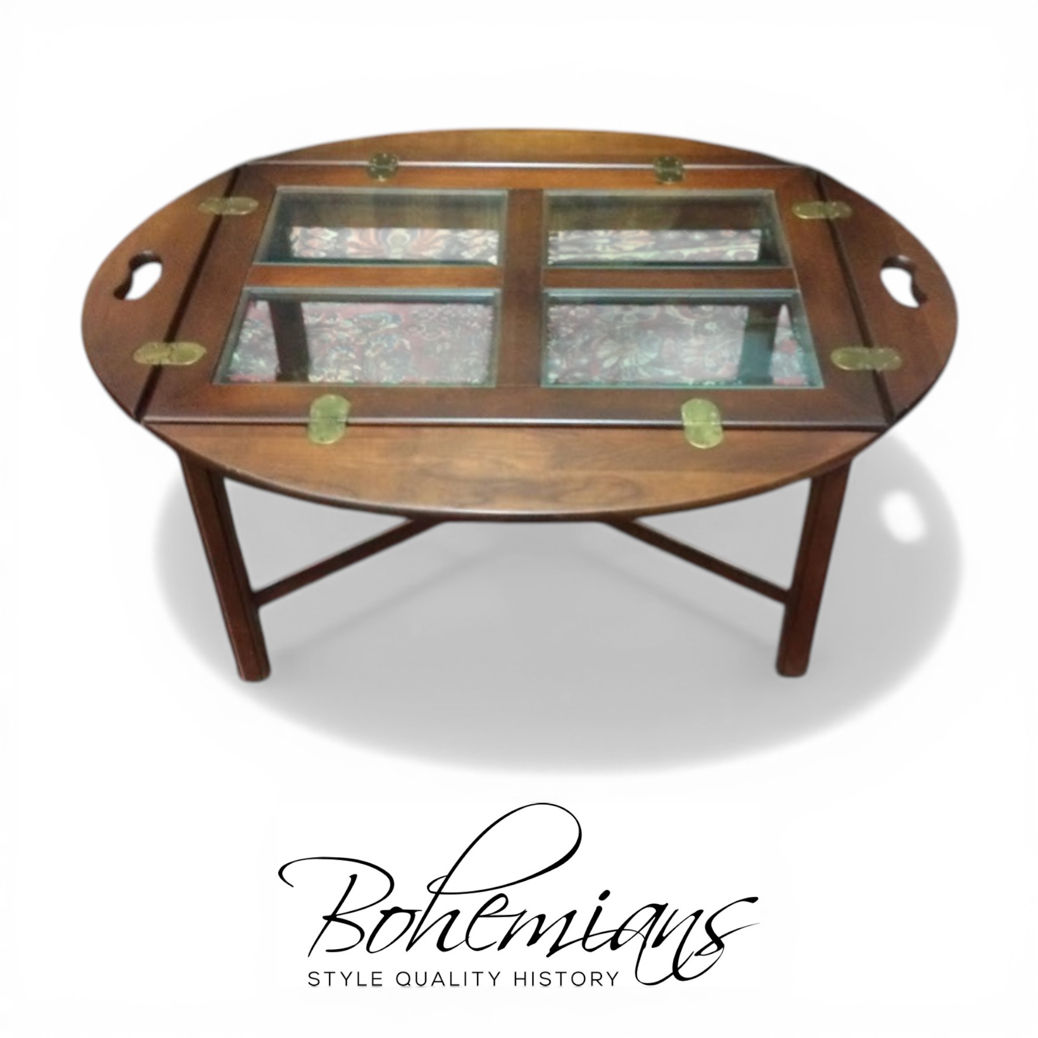 Vintage Cherry Butler's Table, Glass Top Coffee Table