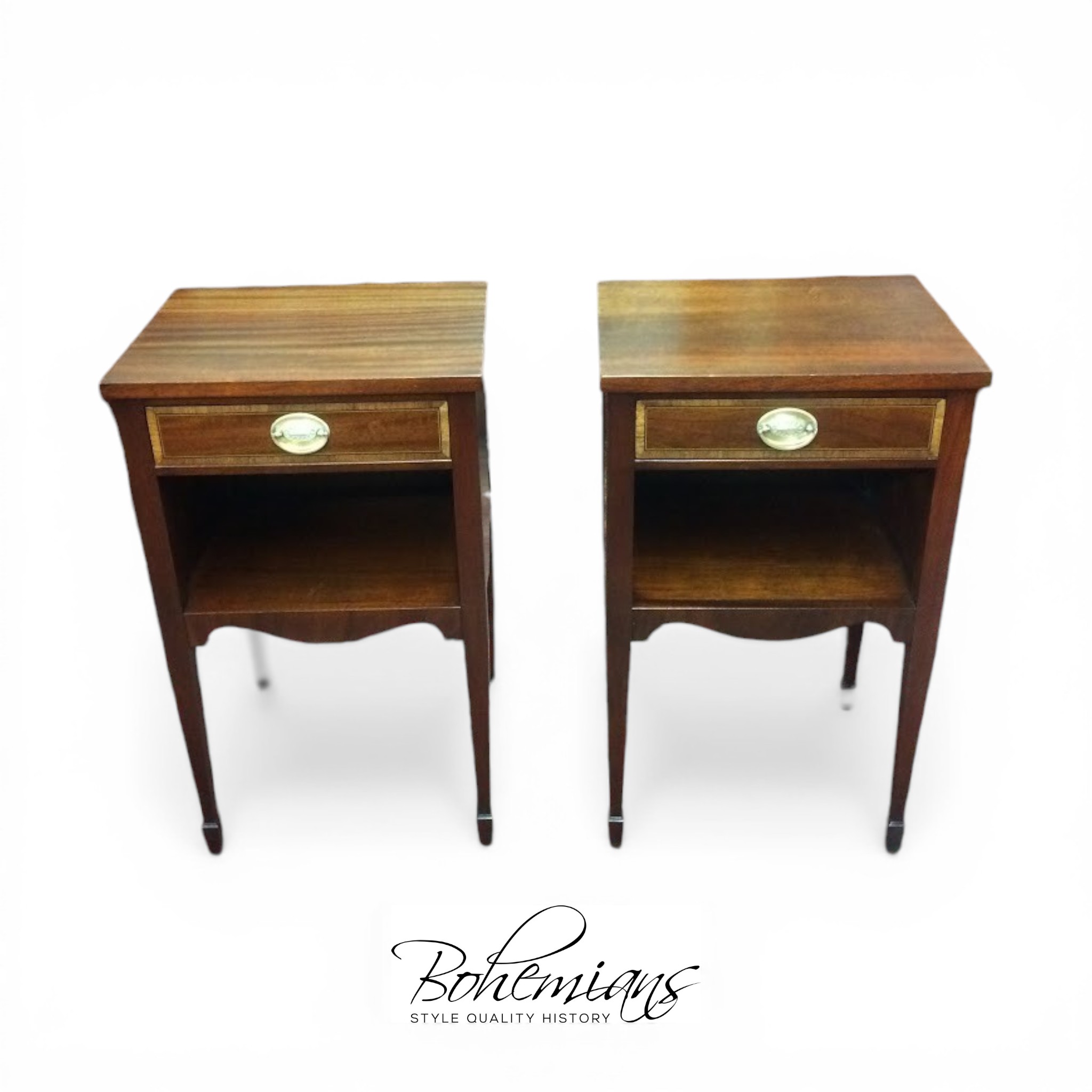 Vintage Banded Mahogany Nightstands, The Pair
