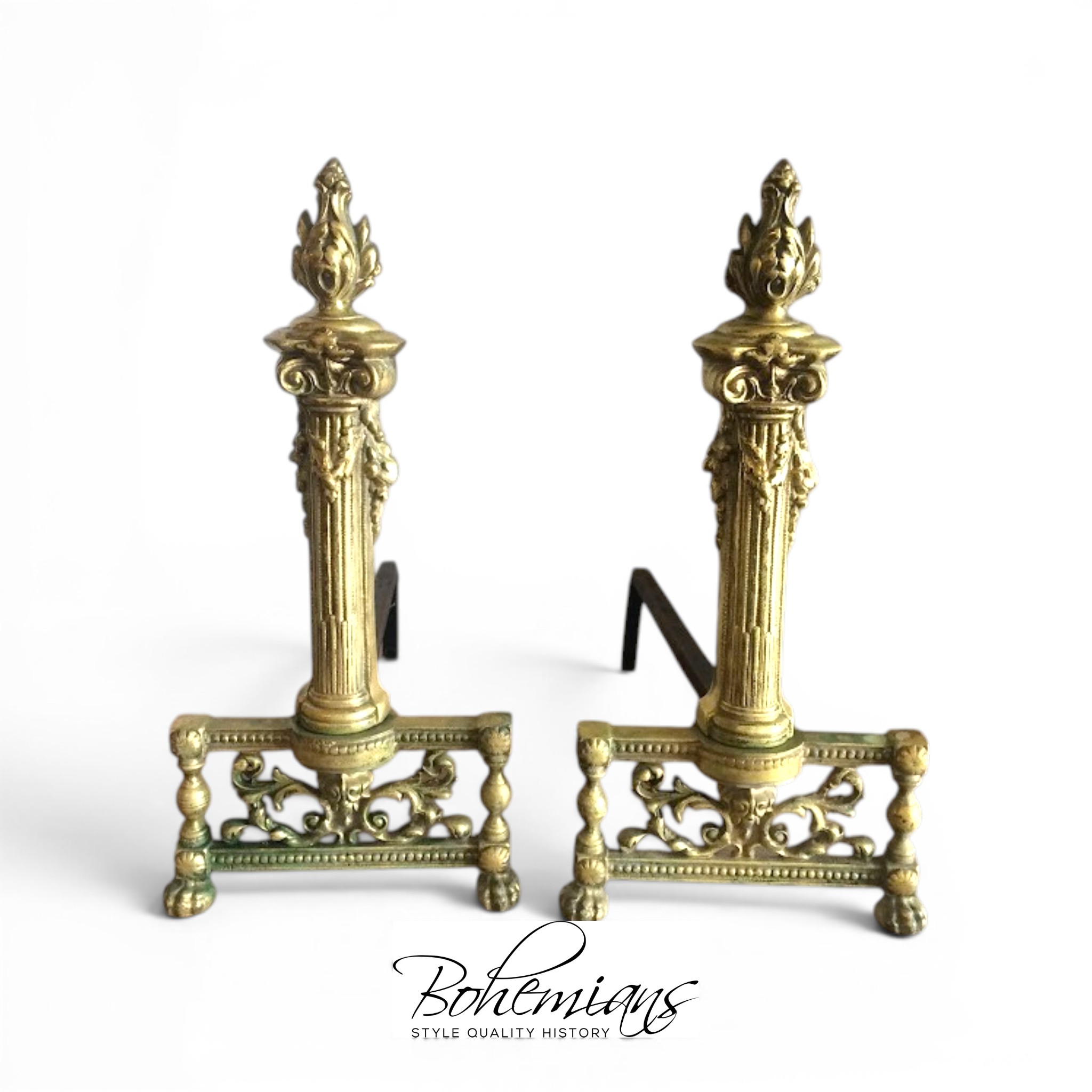 Antique Andirons, Neoclassical Style Andirons, Brass