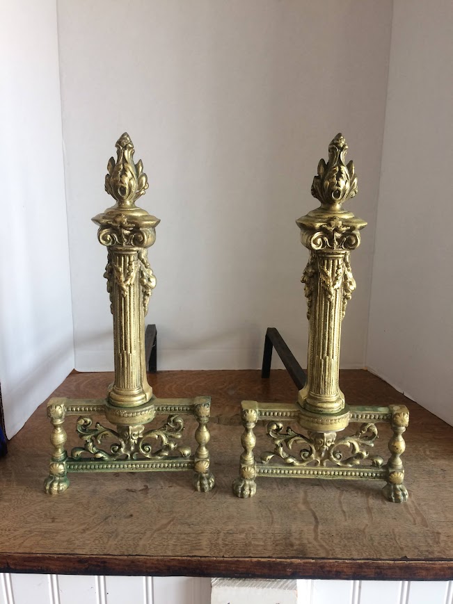 Antique Andirons, Neoclassical Style Andirons, Brass - Image 2