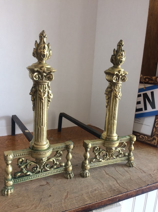 Antique Andirons, Neoclassical Style Andirons, Brass - Image 3