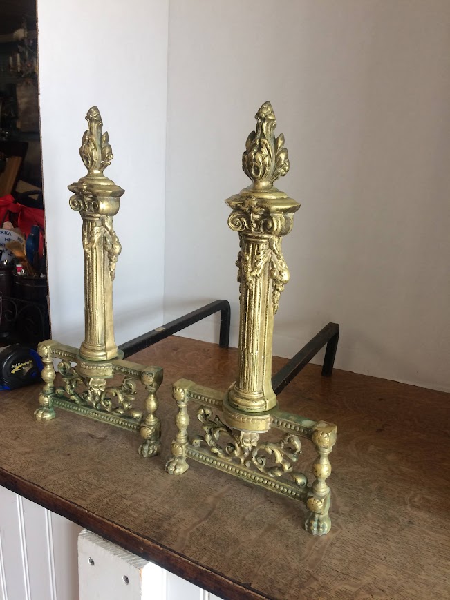 Antique Andirons, Neoclassical Style Andirons, Brass - Image 4