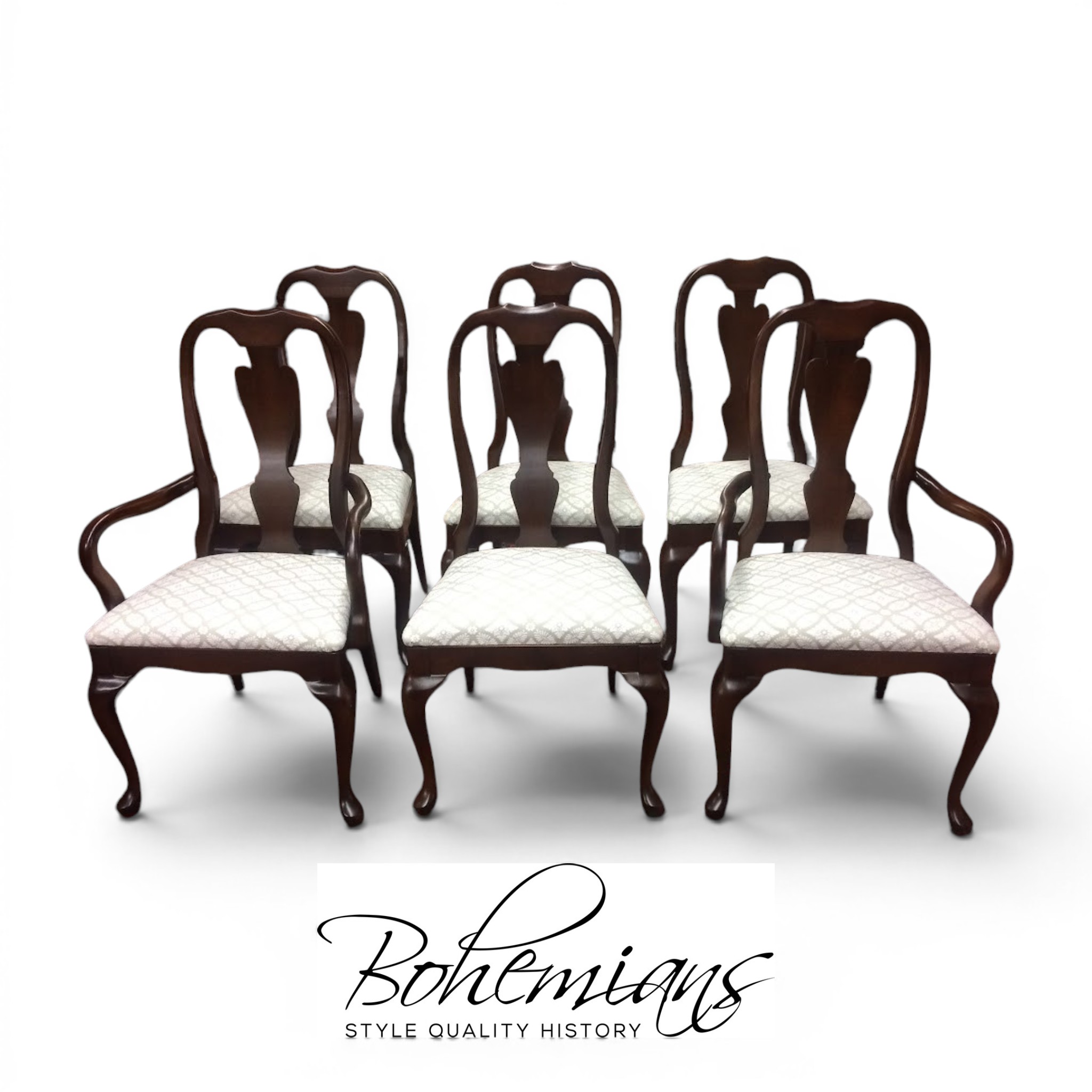 Vintage Dining Chairs, Queen Anne Dining Chairs, Set of Six