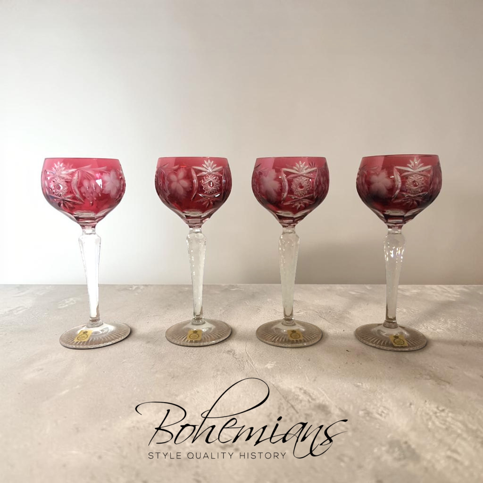 Vintage Cut to Clear Crystal Goblets, Pink Wine Glasses, Set of Four