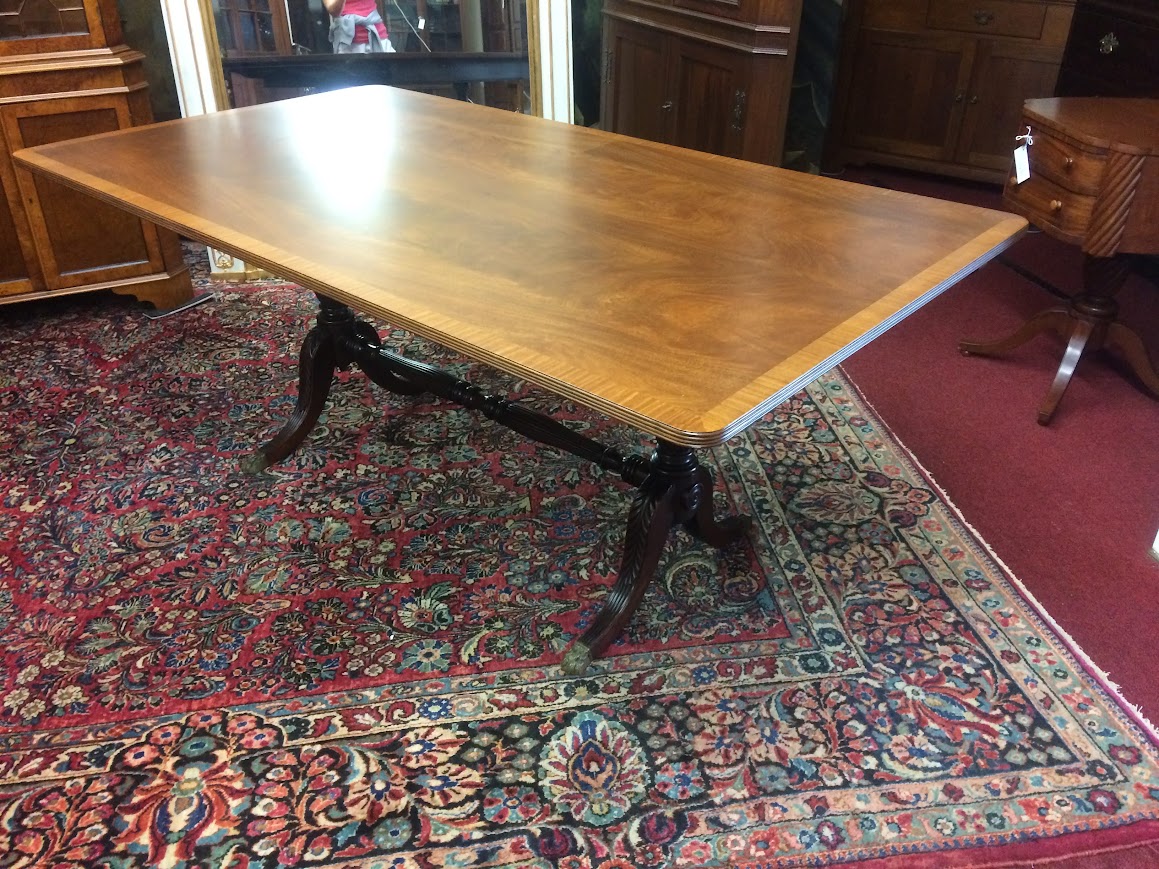 Vintage Banded Mahogany Table, Trestle Style Base - Image 2