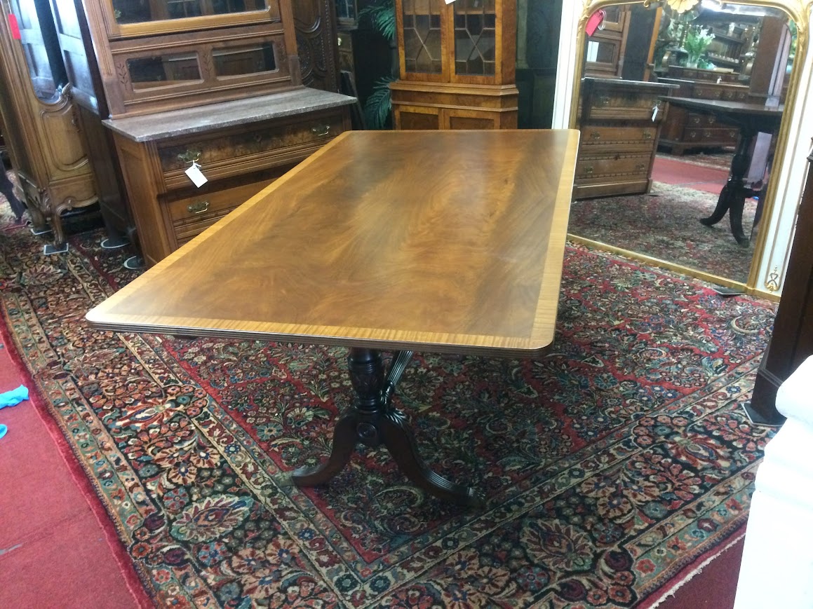 Vintage Banded Mahogany Table, Trestle Style Base - Image 15