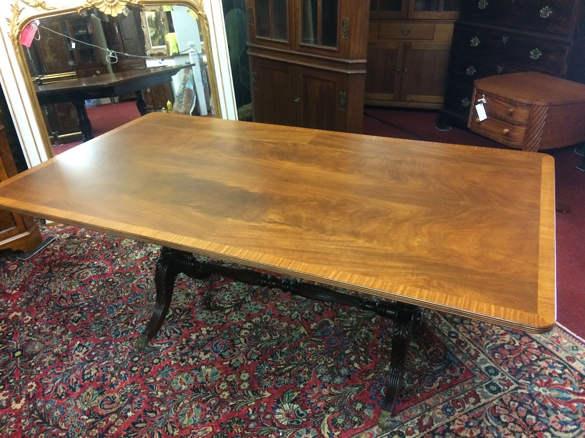 Vintage Banded Mahogany Table, Trestle Style Base - Image 3