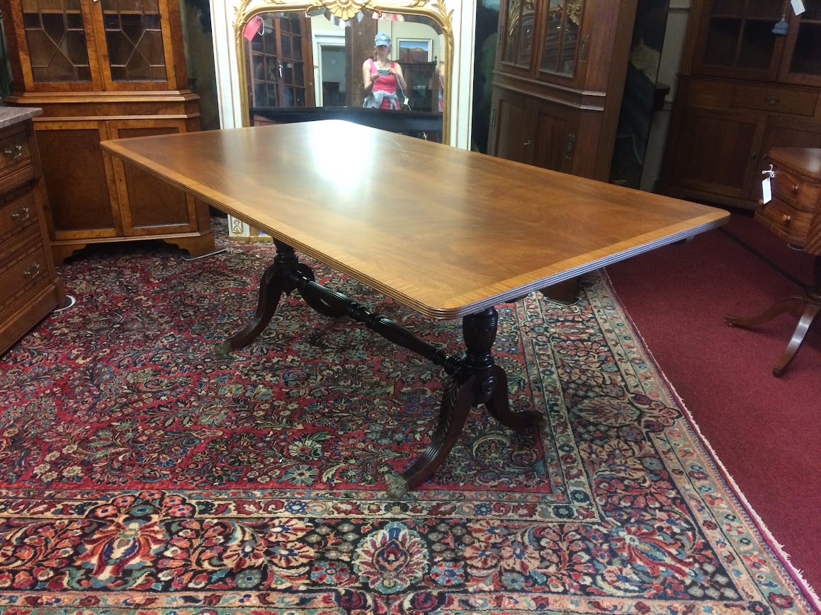 Vintage Banded Mahogany Table, Trestle Style Base - Image 4