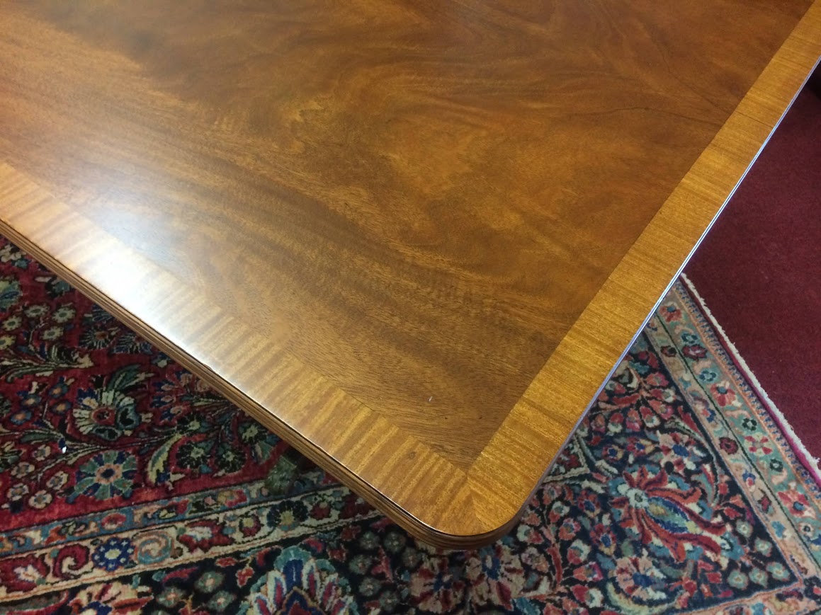 Vintage Banded Mahogany Table, Trestle Style Base - Image 7