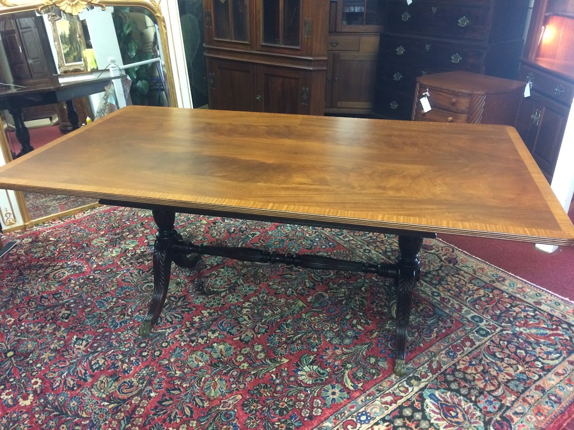 Vintage Banded Mahogany Table, Trestle Style Base - Image 10