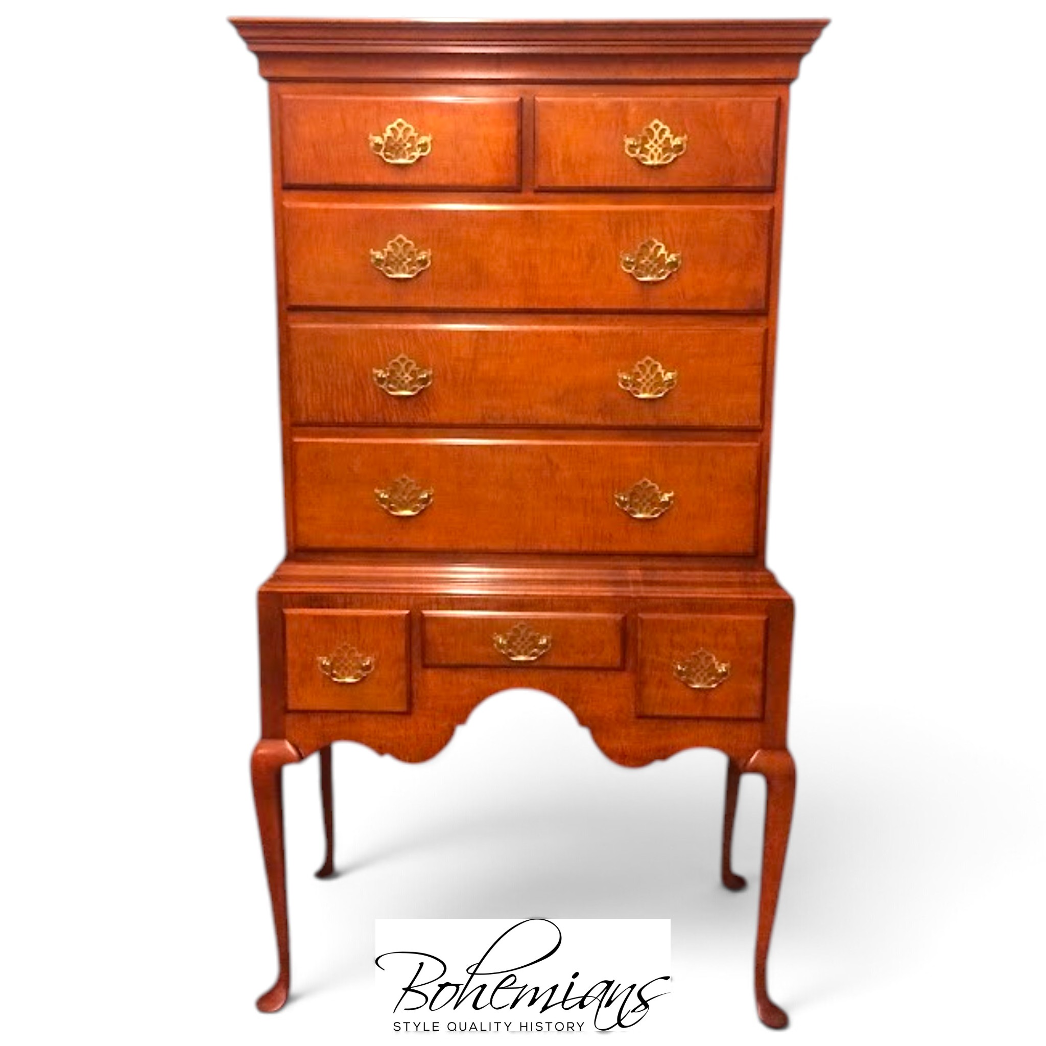Tiger Maple Queen Anne Highboy, Baker Furniture