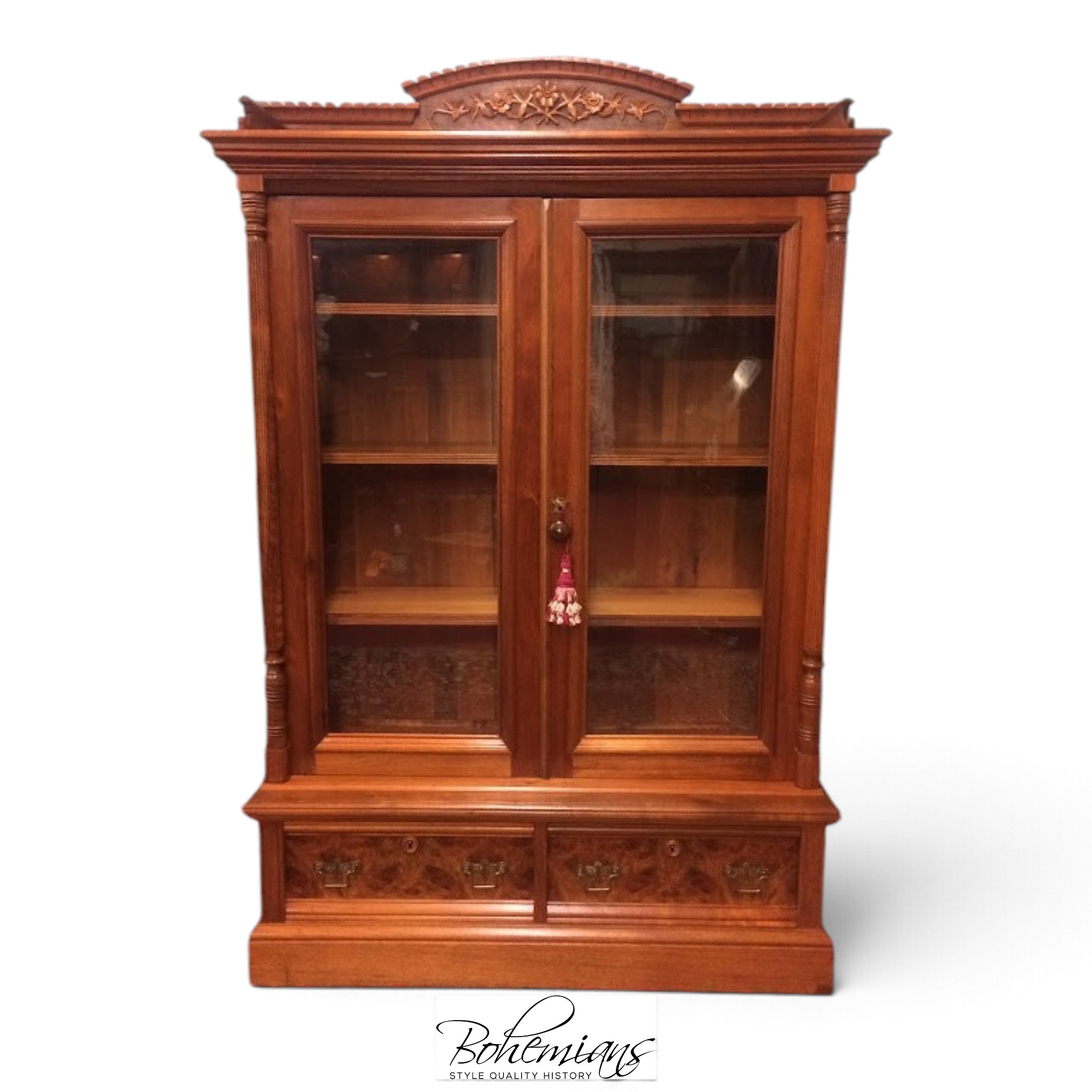 Antique Victorian Bookcase, Walnut Bookshelf with Glass Doors