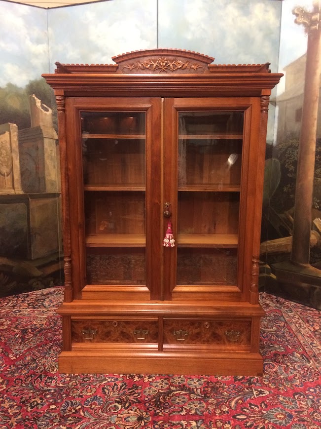 Antique Victorian Bookcase, Walnut Bookshelf with Glass Doors - Image 2