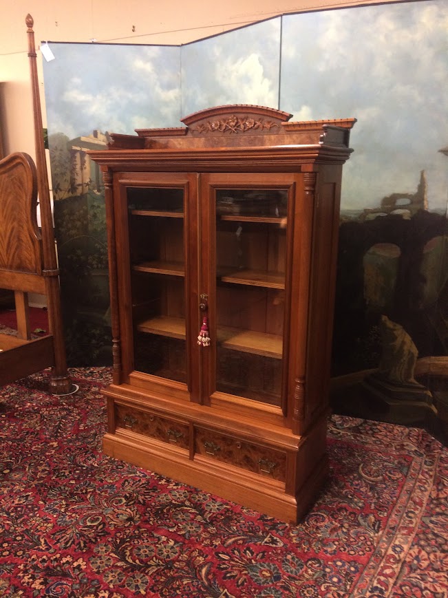Antique Victorian Bookcase, Walnut Bookshelf with Glass Doors - Image 3