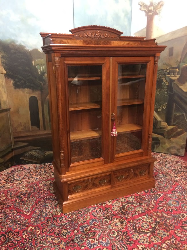 Antique Victorian Bookcase, Walnut Bookshelf with Glass Doors - Image 4