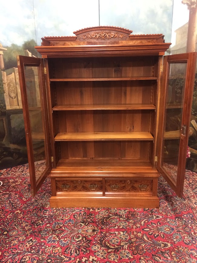 Antique Victorian Bookcase, Walnut Bookshelf with Glass Doors - Image 8