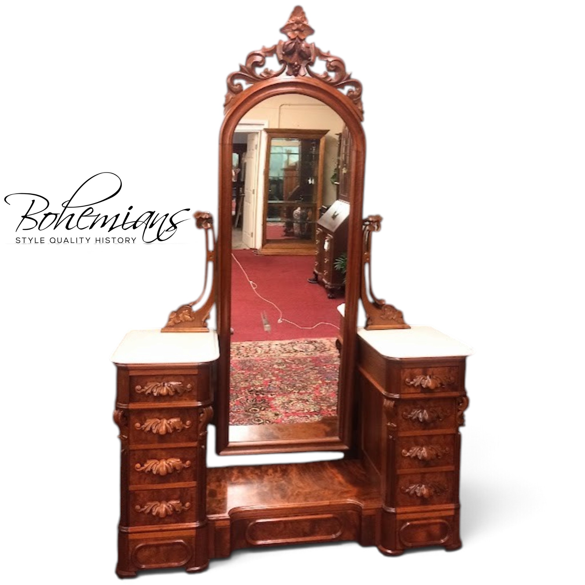 Antique Dressing Mirror, Victorian Dresser with Tall Mirror